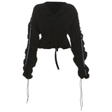 Deep V-neck Lace Up Long Sleeve Top