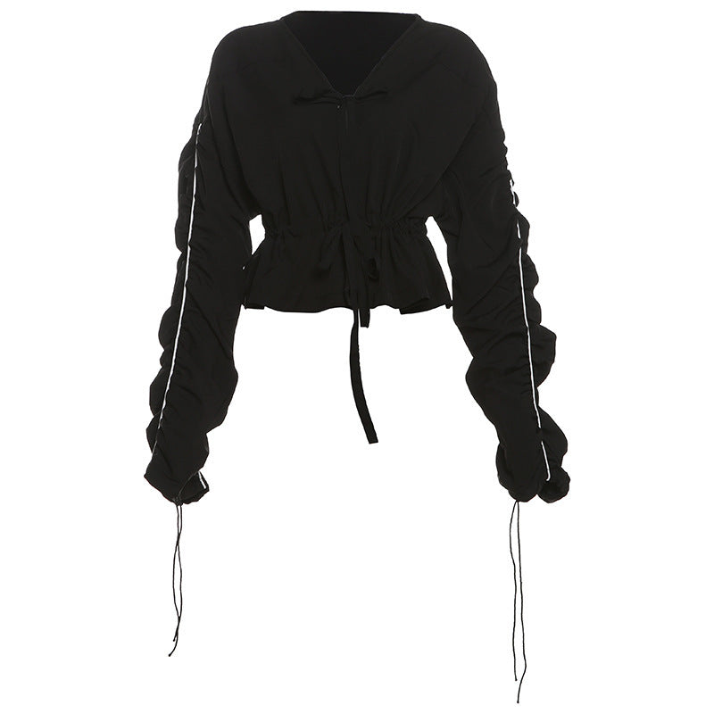 Deep V-neck Lace Up Long Sleeve Top