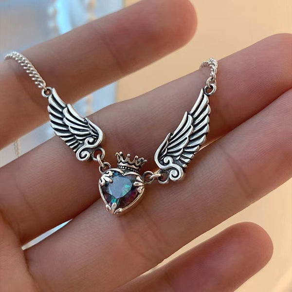 Vintage Love Crown Wing Necklace