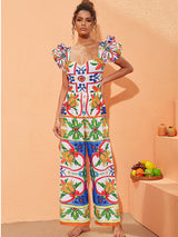 Women's New Ruffled Enamel Print Beach Resort Swimsuit Suit