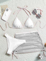 Sexy backless solid color bikini three piece set