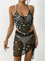 Women's sequin stitching pure hand hook bikini two-piece cover-up